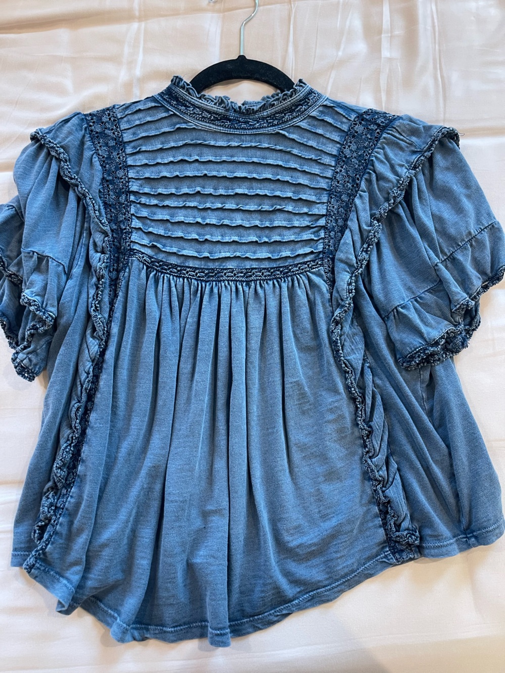 Free People Blue Smocked Pintuck Peasant Blouse